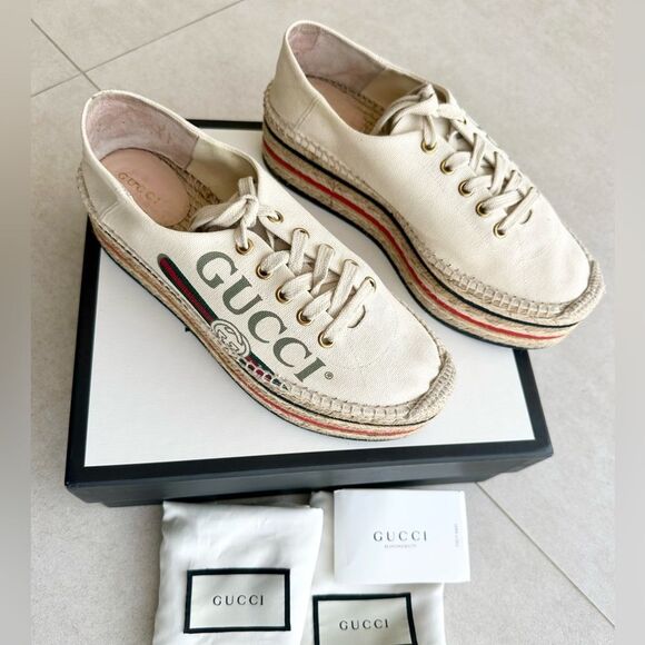 Gucci Cream Canvas Logo Lace-Up Platform Espadrilles Sz 38.5 Collapsible Heels - Picture 2 of 10